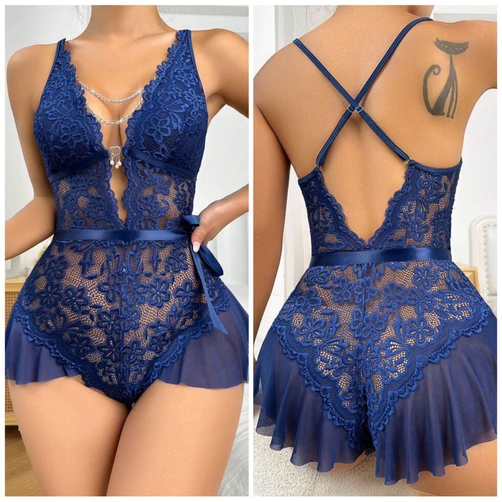 ❤️ NEW Floral Lace Chain Detail Belted Sleep Bodysuit Without Liner